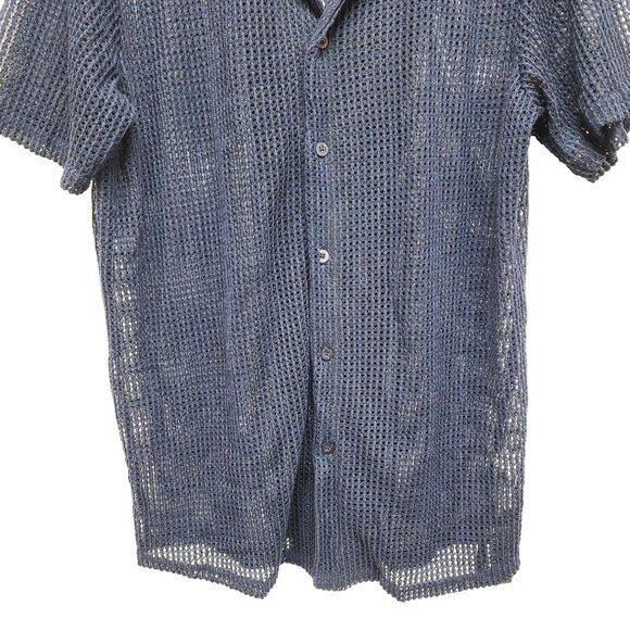 Mens Navy Blue Mesh Button-Up Shirt By URRU Size L Short Sleeve Lightweight - Picture 8 of 10
